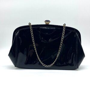 Vintage Black Patent Vinyl Clutch Bag Chain Strap Retro Purse